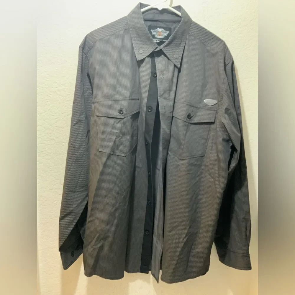 Harley Davidson Shirt XL Gray Striped Long Sleeve Shirt Button Down Authentic